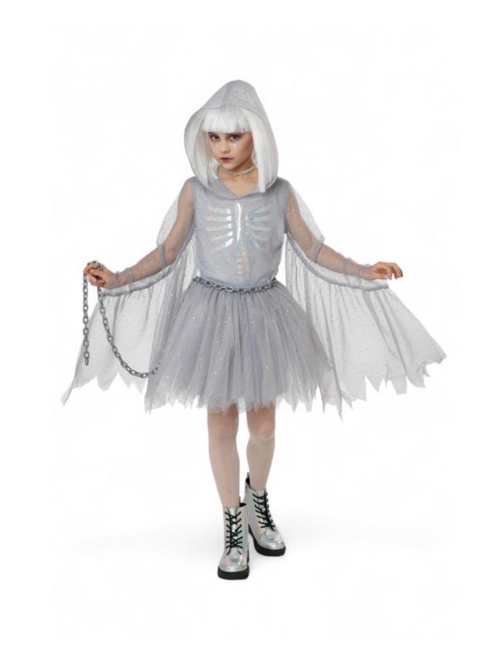 NWT Kids Small (6/8) Silver Glimmering Ghost Skeleton Kids Costume with Hood